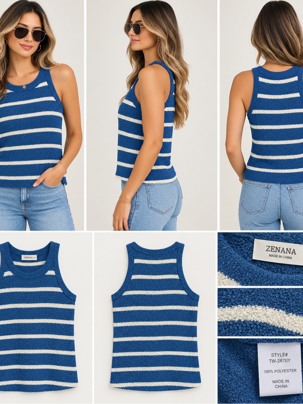 Zenana Outfitters Blue and White Striped Sleeveless Knit Tank